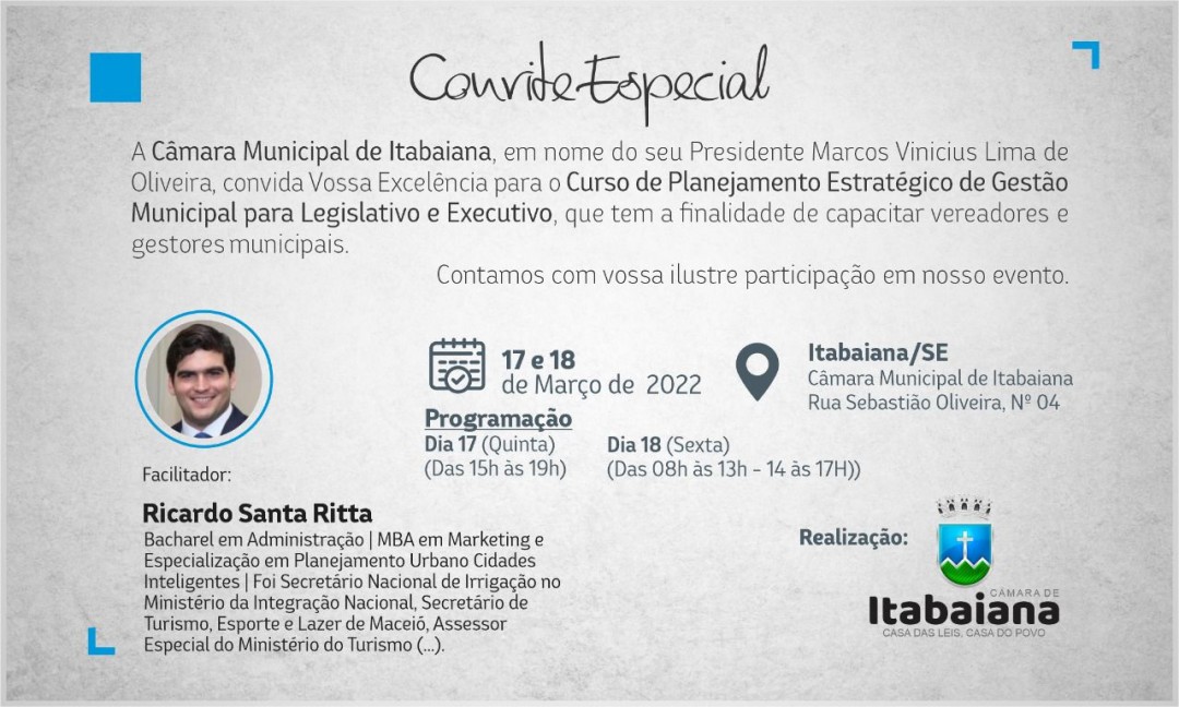 Curso de Planejamento Estratégico de Gestão Municipal para Legislativo e Executivo inicia hoje